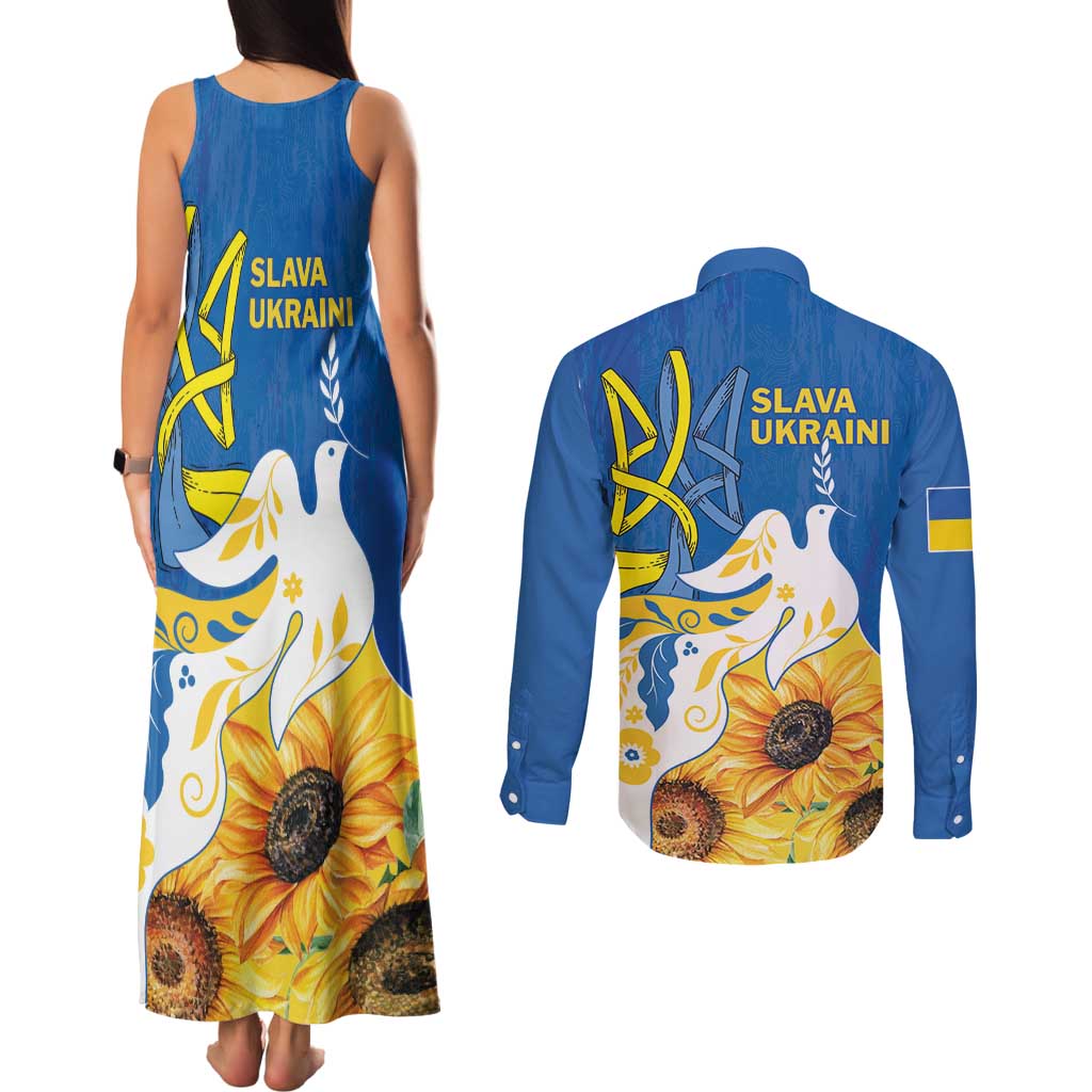 Stand For Ukraine Couples Matching Tank Maxi Dress and Long Sleeve Button Shirt Dove Of Peace Sunflower