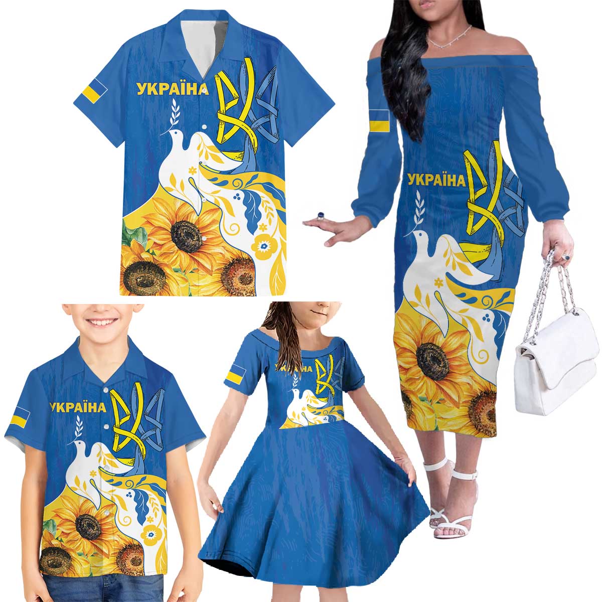 Stand For Ukraine Family Matching Off The Shoulder Long Sleeve Dress and Hawaiian Shirt Dove Of Peace Sunflower