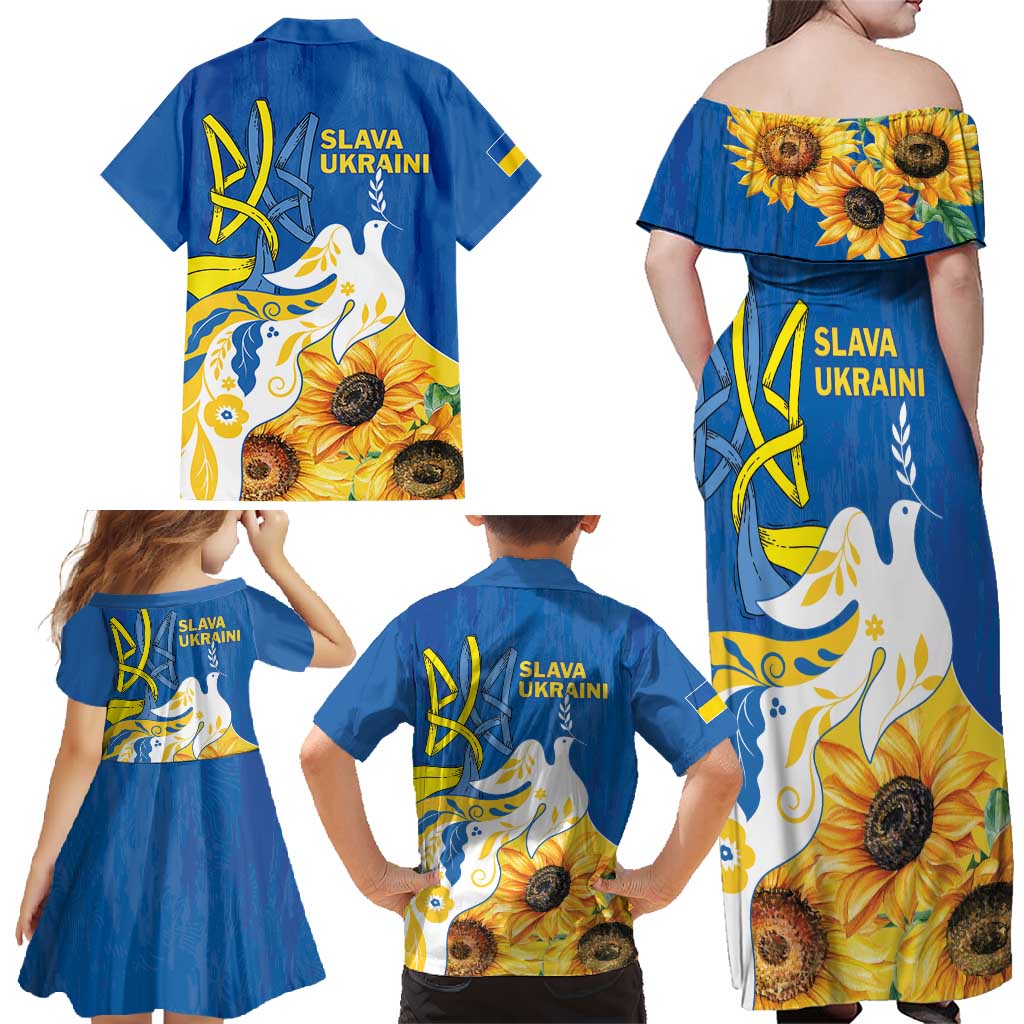 Stand For Ukraine Family Matching Off Shoulder Maxi Dress and Hawaiian Shirt Dove Of Peace Sunflower