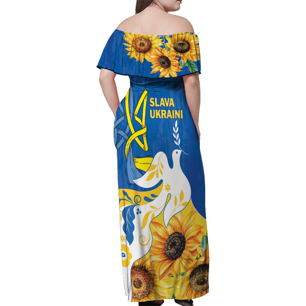 Stand For Ukraine Family Matching Off Shoulder Maxi Dress and Hawaiian Shirt Dove Of Peace Sunflower