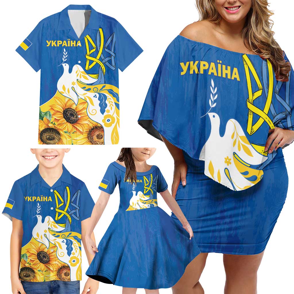 Stand For Ukraine Family Matching Off Shoulder Short Dress and Hawaiian Shirt Dove Of Peace Sunflower