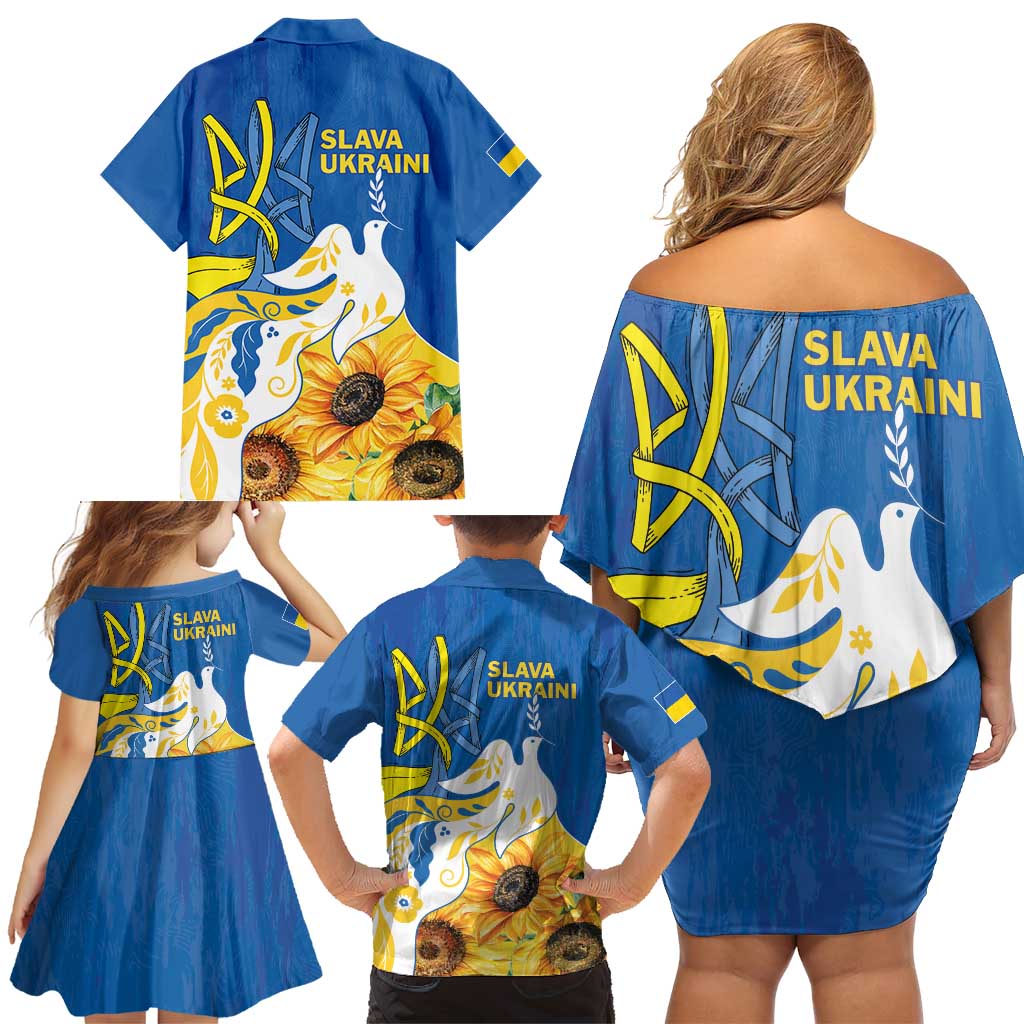 Stand For Ukraine Family Matching Off Shoulder Short Dress and Hawaiian Shirt Dove Of Peace Sunflower
