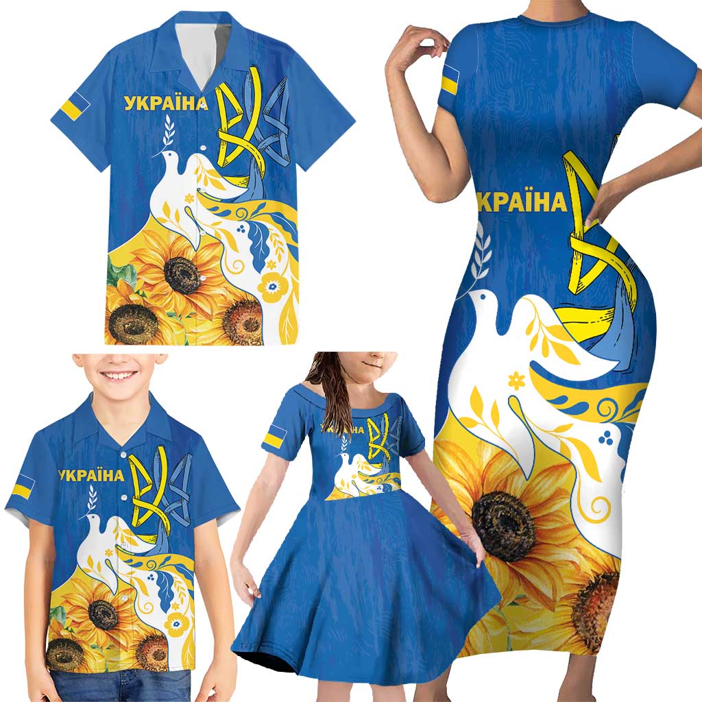 Stand For Ukraine Family Matching Short Sleeve Bodycon Dress and Hawaiian Shirt Dove Of Peace Sunflower