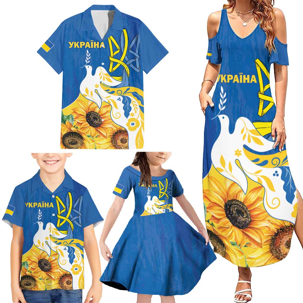 Stand For Ukraine Family Matching Summer Maxi Dress and Hawaiian Shirt Dove Of Peace Sunflower