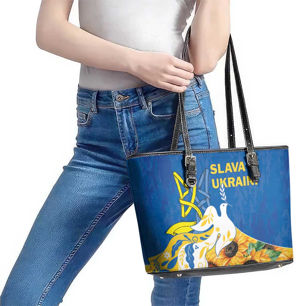 Stand For Ukraine Leather Tote Bag Dove Of Peace Sunflower