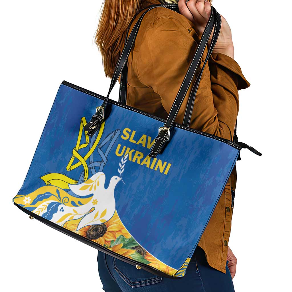Stand For Ukraine Leather Tote Bag Dove Of Peace Sunflower