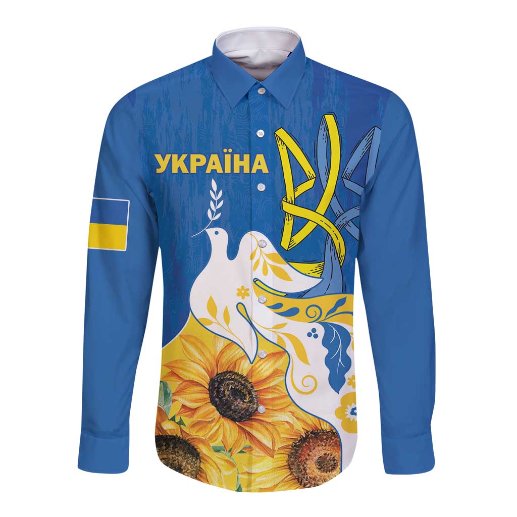 Stand For Ukraine Long Sleeve Button Shirt Dove Of Peace Sunflower