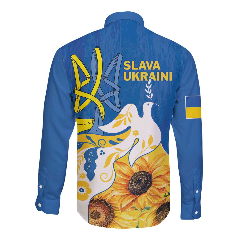 Stand For Ukraine Long Sleeve Button Shirt Dove Of Peace Sunflower
