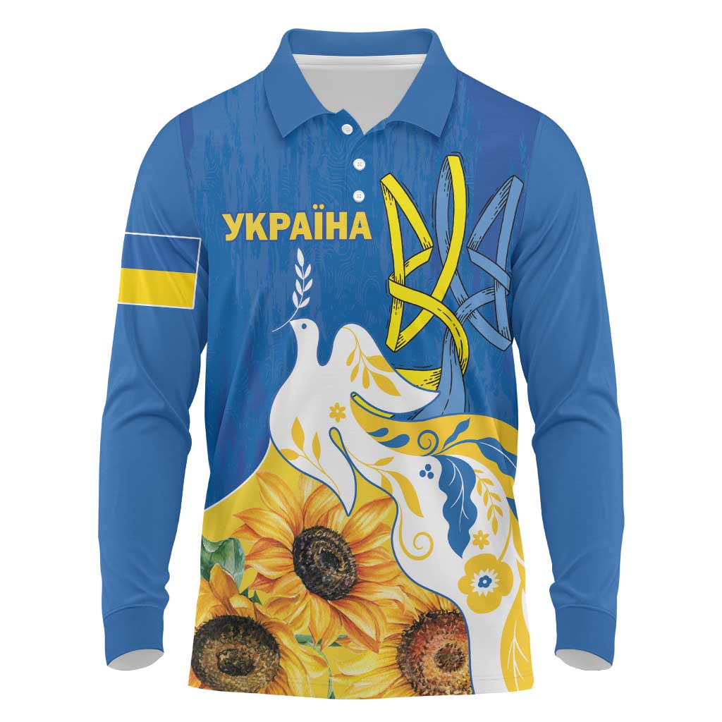 Stand For Ukraine Long Sleeve Polo Shirt Dove Of Peace Sunflower