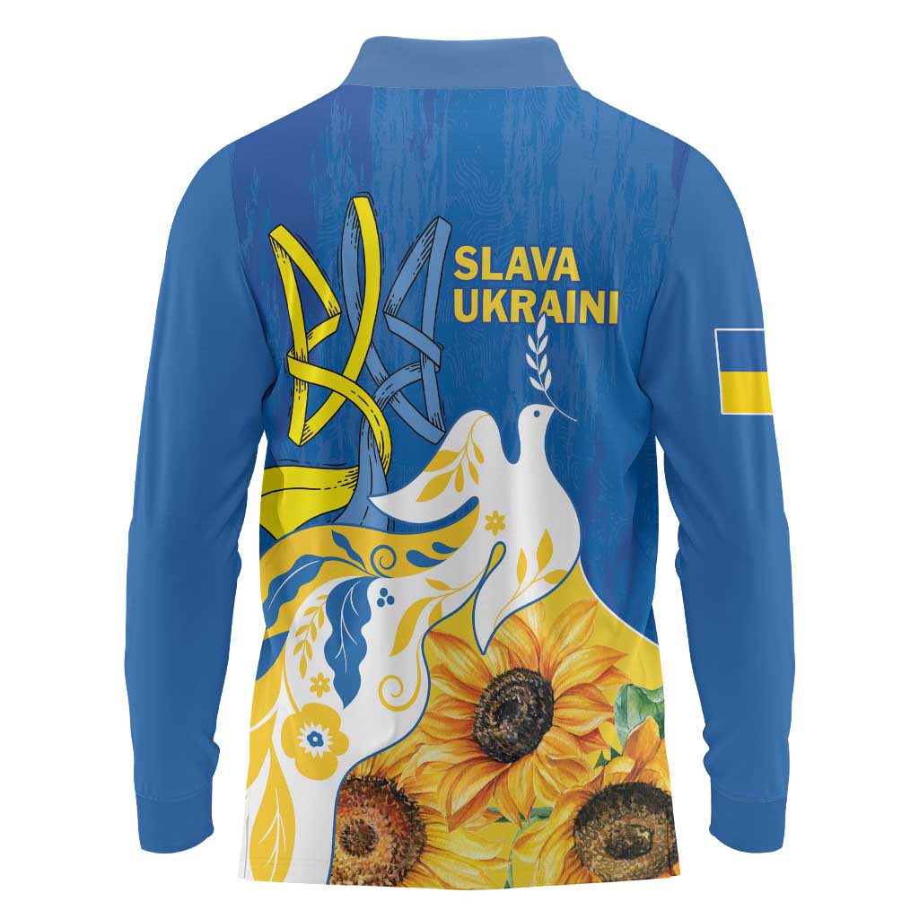 Stand For Ukraine Long Sleeve Polo Shirt Dove Of Peace Sunflower