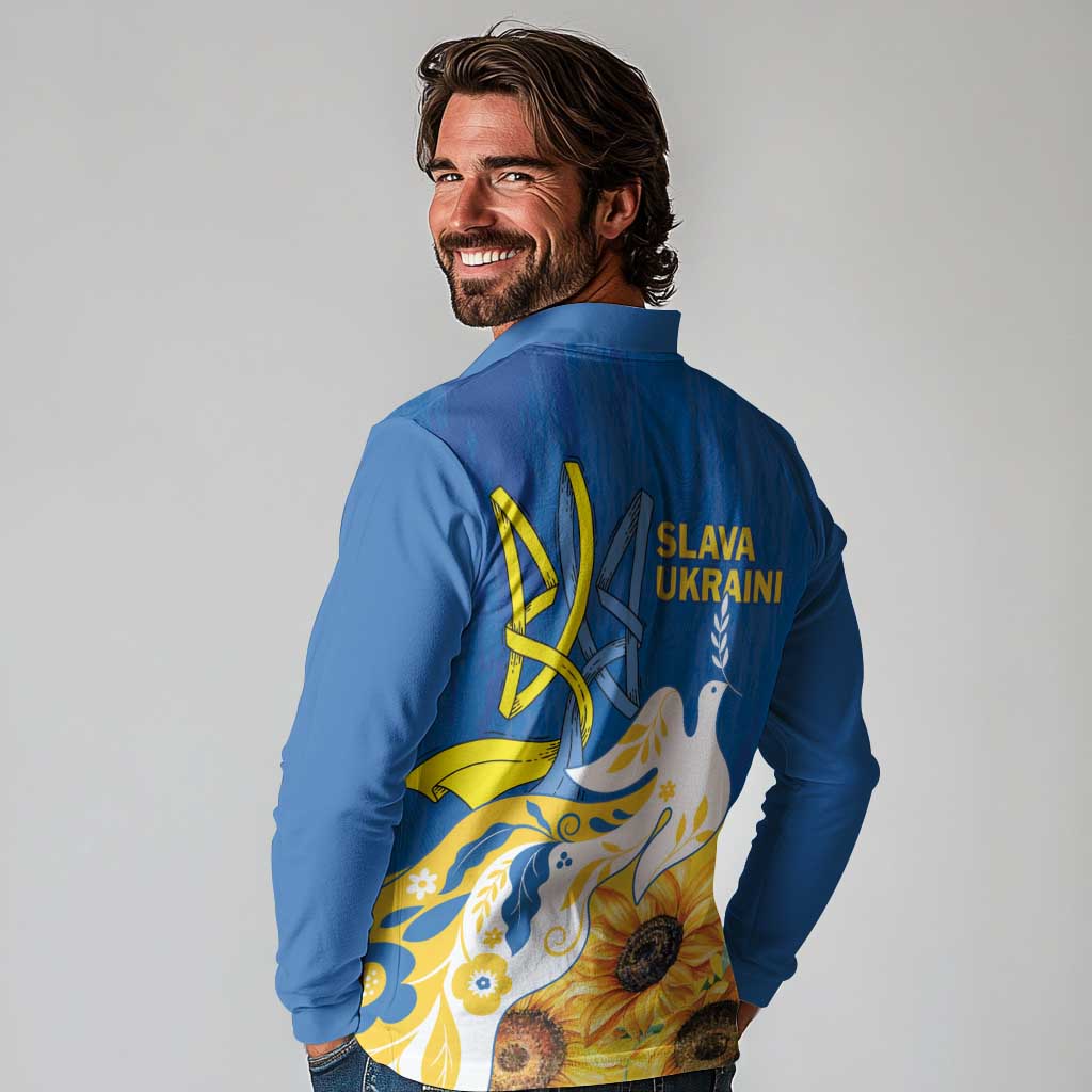 Stand For Ukraine Long Sleeve Polo Shirt Dove Of Peace Sunflower