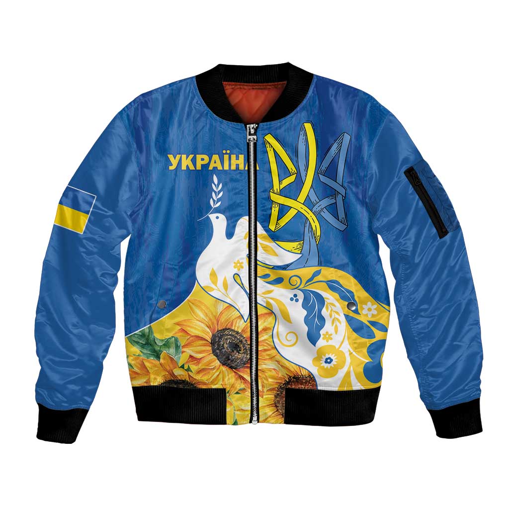 Stand For Ukraine Sleeve Zip Bomber Jacket Dove Of Peace Sunflower