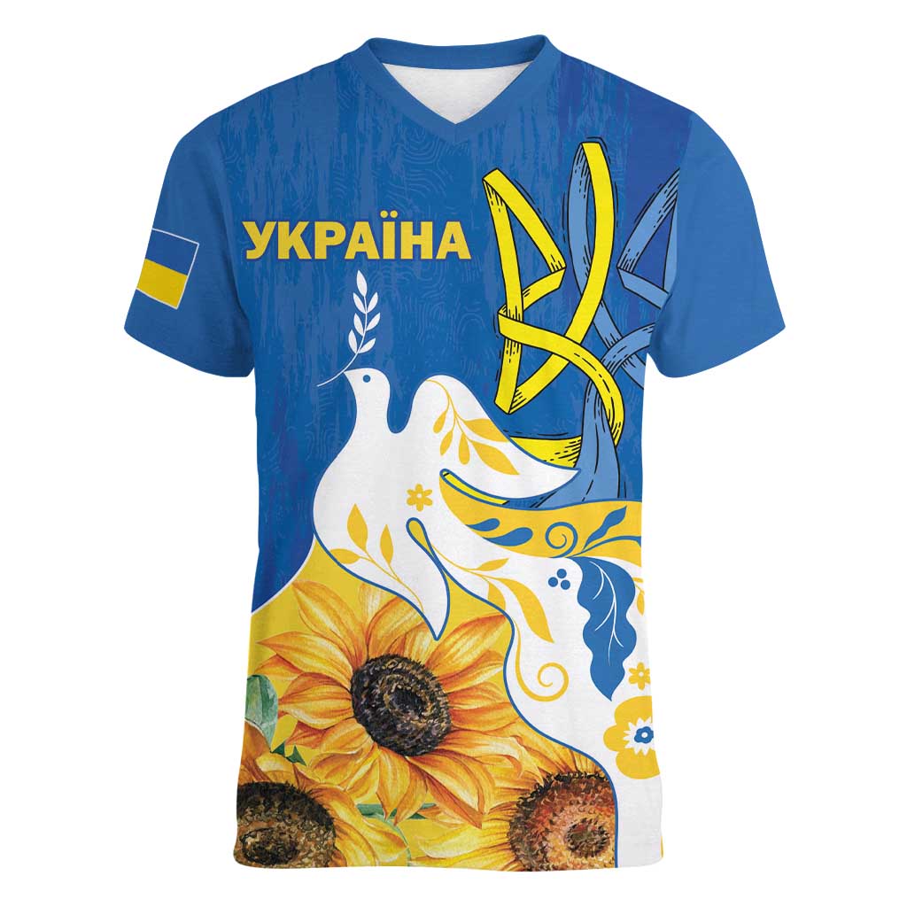 Stand For Ukraine Women V-Neck T-Shirt Dove Of Peace Sunflower