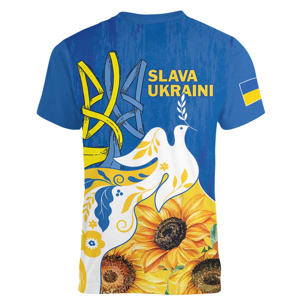 Stand For Ukraine Women V-Neck T-Shirt Dove Of Peace Sunflower