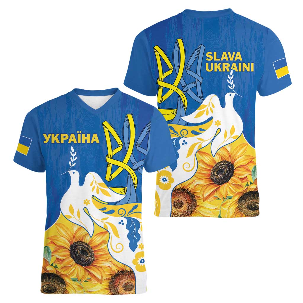 Stand For Ukraine Women V-Neck T-Shirt Dove Of Peace Sunflower