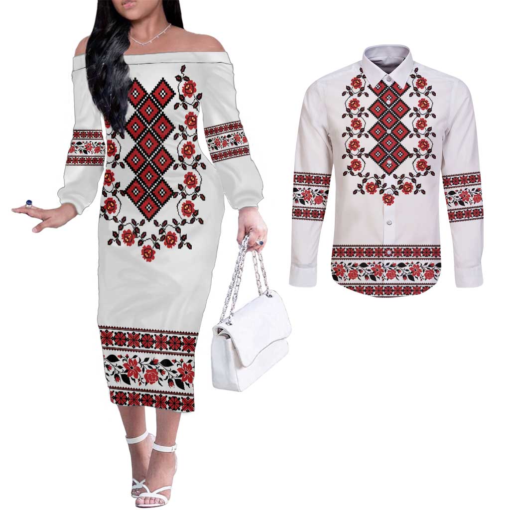 Ukraine Couples Matching Off The Shoulder Long Sleeve Dress and Long Sleeve Button Shirt Ukrainian Traditional Folk Patterns