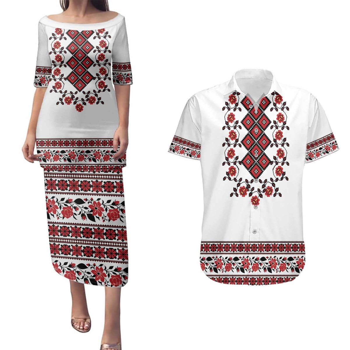 Ukraine Couples Matching Puletasi and Hawaiian Shirt Ukrainian Traditional Folk Patterns