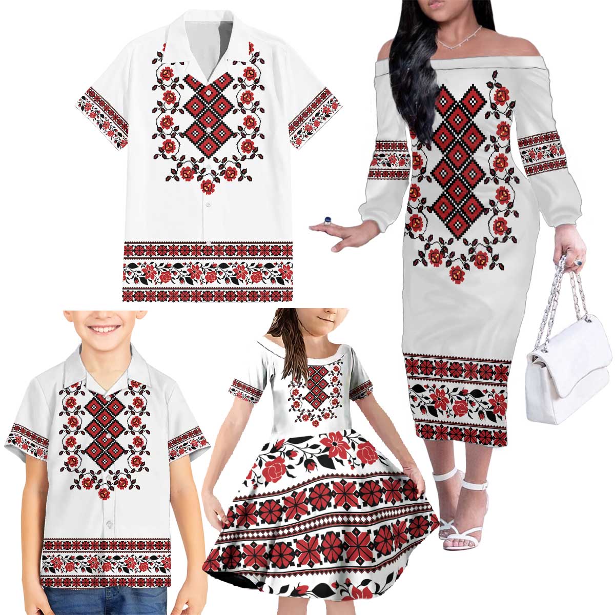 Ukraine Family Matching Off The Shoulder Long Sleeve Dress and Hawaiian Shirt Ukrainian Traditional Folk Patterns