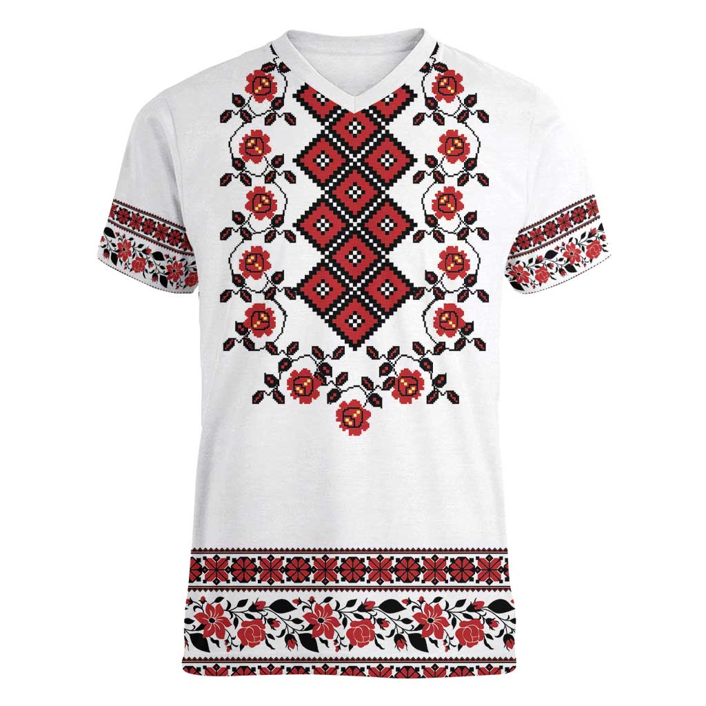 Ukraine Women V-Neck T-Shirt Ukrainian Traditional Folk Patterns