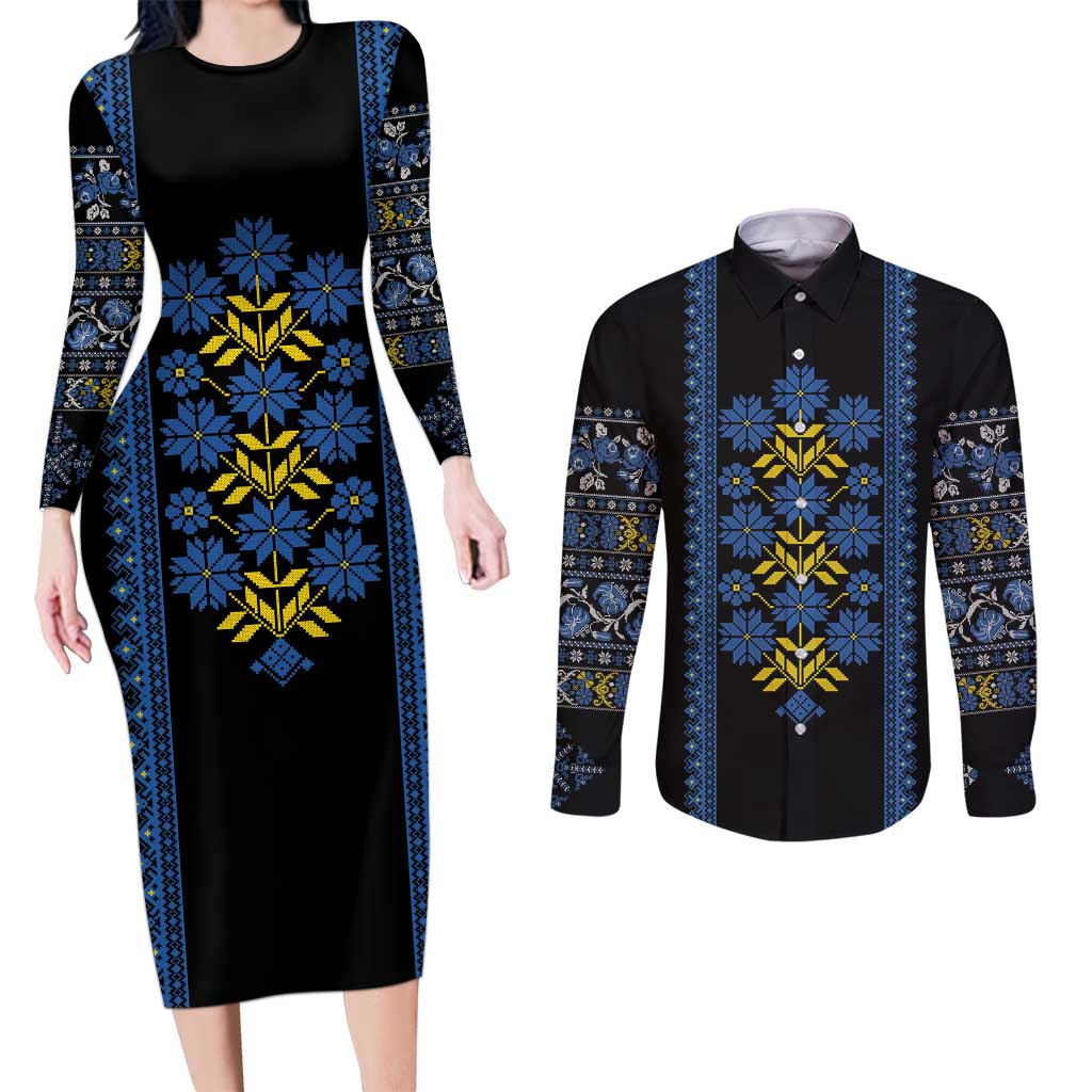 Ukraine Folk Patterns Couples Matching Long Sleeve Bodycon Dress and Long Sleeve Button Shirt Sporty Style