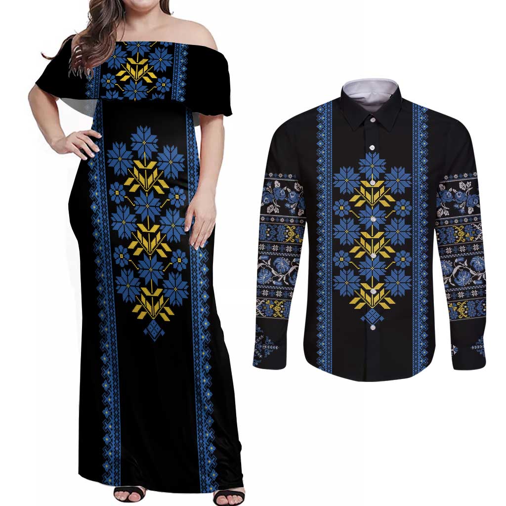 Ukraine Folk Patterns Couples Matching Off Shoulder Maxi Dress and Long Sleeve Button Shirt Sporty Style