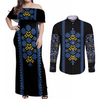 Ukraine Folk Patterns Couples Matching Off Shoulder Maxi Dress and Long Sleeve Button Shirt Sporty Style
