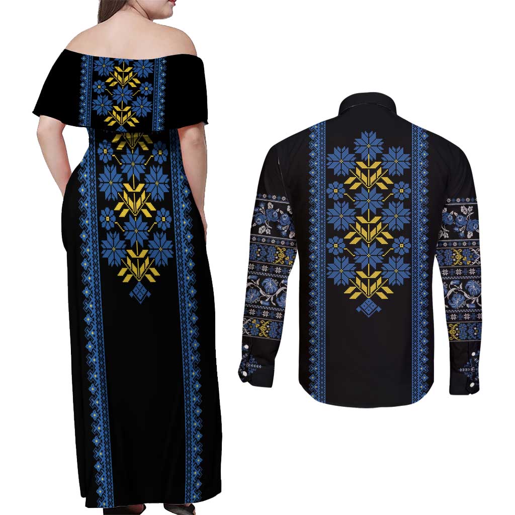 Ukraine Folk Patterns Couples Matching Off Shoulder Maxi Dress and Long Sleeve Button Shirt Sporty Style