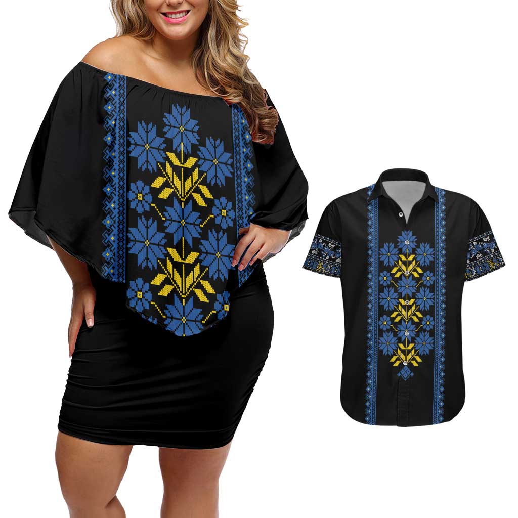Ukraine Folk Patterns Couples Matching Off Shoulder Short Dress and Hawaiian Shirt Sporty Style