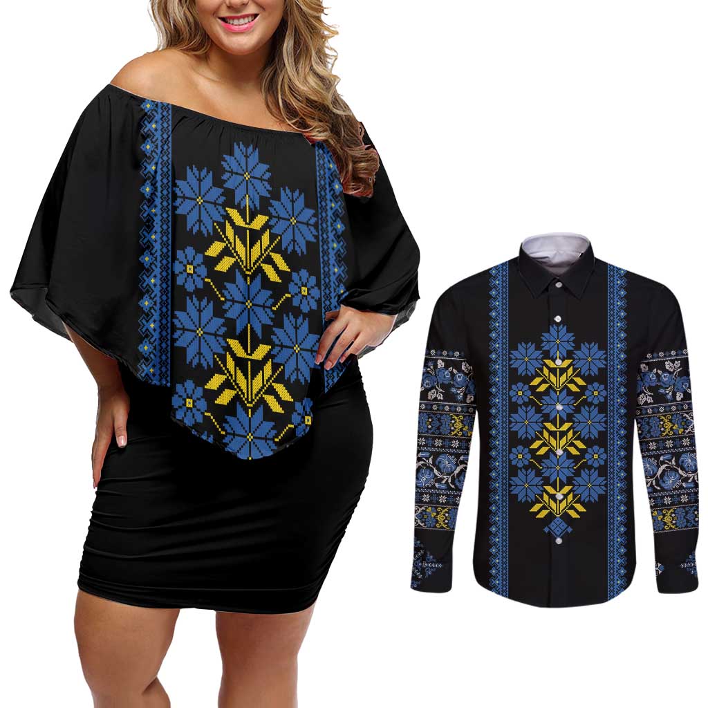 Ukraine Folk Patterns Couples Matching Off Shoulder Short Dress and Long Sleeve Button Shirt Sporty Style