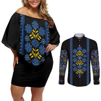 Ukraine Folk Patterns Couples Matching Off Shoulder Short Dress and Long Sleeve Button Shirt Sporty Style