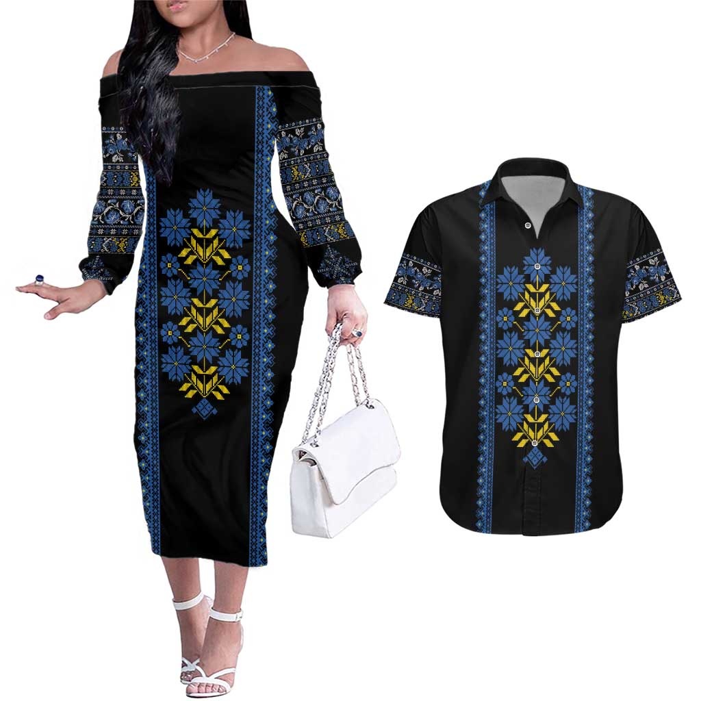 Ukraine Folk Patterns Couples Matching Off The Shoulder Long Sleeve Dress and Hawaiian Shirt Sporty Style
