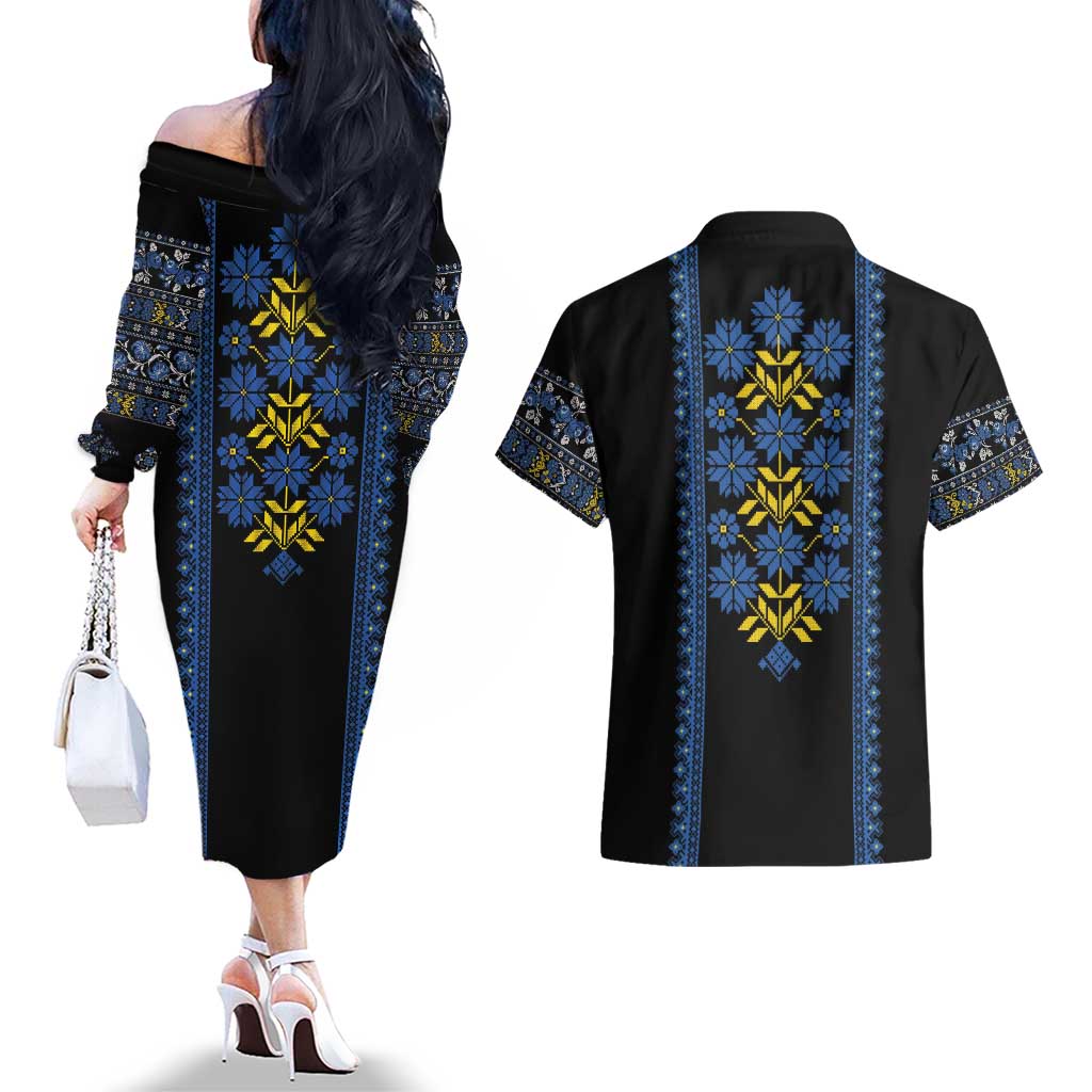 Ukraine Folk Patterns Couples Matching Off The Shoulder Long Sleeve Dress and Hawaiian Shirt Sporty Style