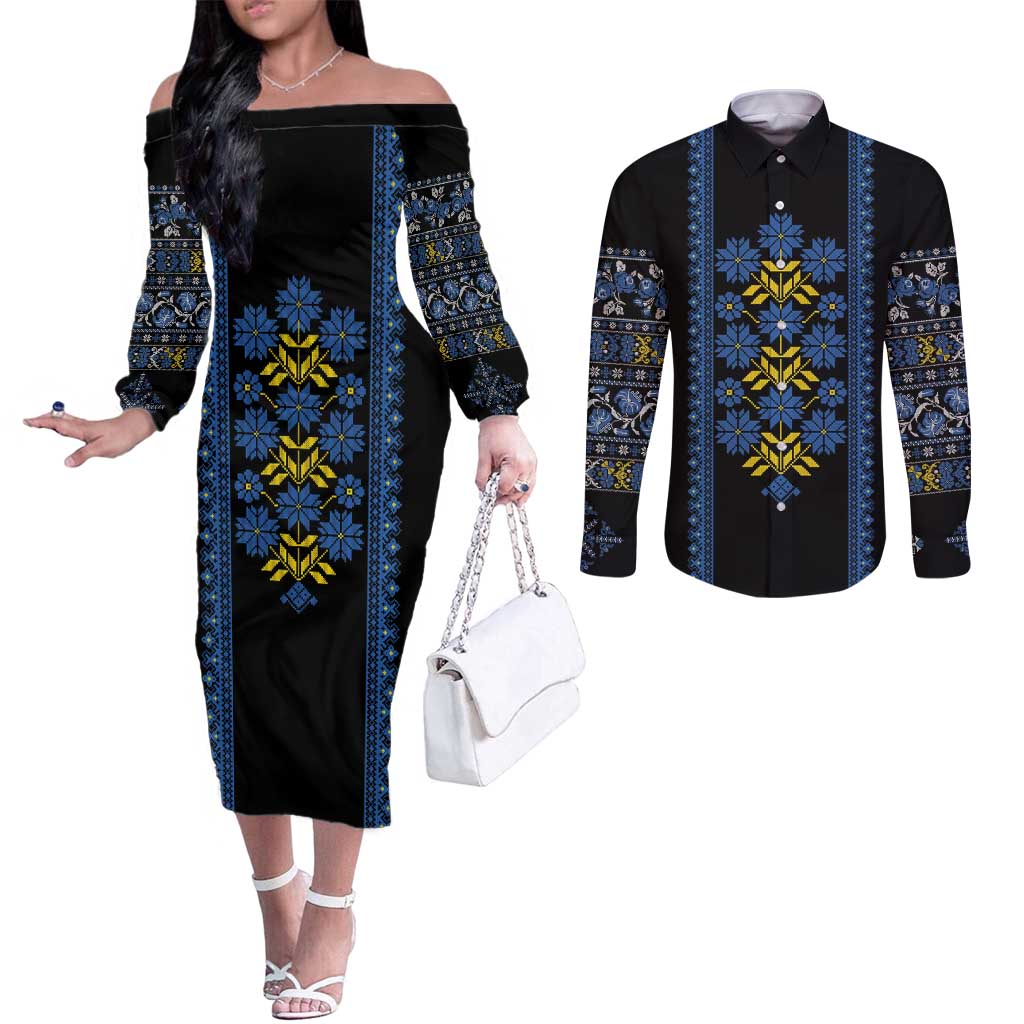 Ukraine Folk Patterns Couples Matching Off The Shoulder Long Sleeve Dress and Long Sleeve Button Shirt Sporty Style