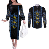 Ukraine Folk Patterns Couples Matching Off The Shoulder Long Sleeve Dress and Long Sleeve Button Shirt Sporty Style