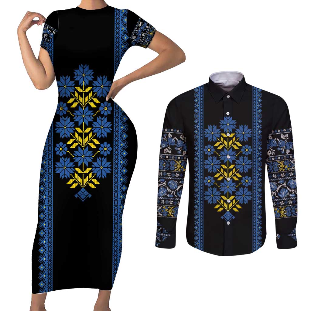 Ukraine Folk Patterns Couples Matching Short Sleeve Bodycon Dress and Long Sleeve Button Shirt Sporty Style