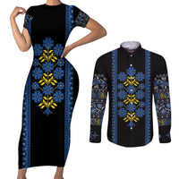 Ukraine Folk Patterns Couples Matching Short Sleeve Bodycon Dress and Long Sleeve Button Shirt Sporty Style