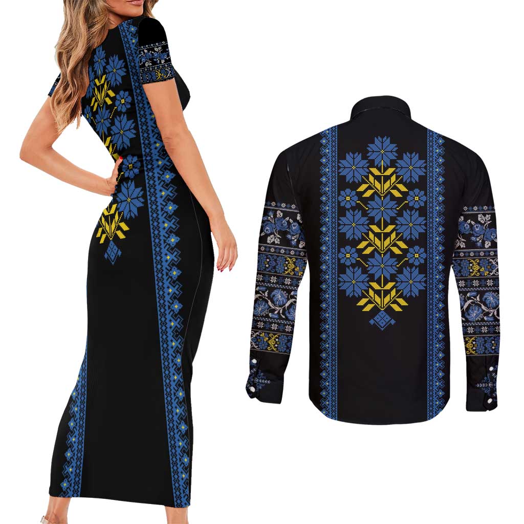 Ukraine Folk Patterns Couples Matching Short Sleeve Bodycon Dress and Long Sleeve Button Shirt Sporty Style