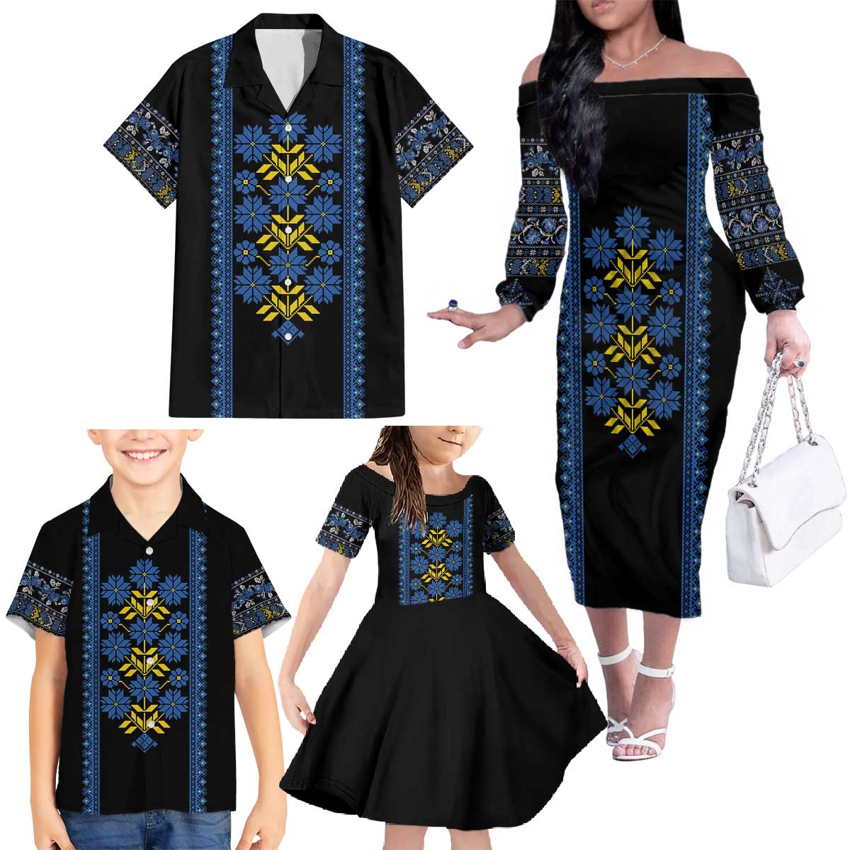 Ukraine Folk Patterns Family Matching Off The Shoulder Long Sleeve Dress and Hawaiian Shirt Sporty Style