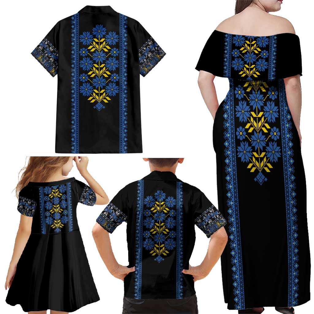 Ukraine Folk Patterns Family Matching Off Shoulder Maxi Dress and Hawaiian Shirt Sporty Style