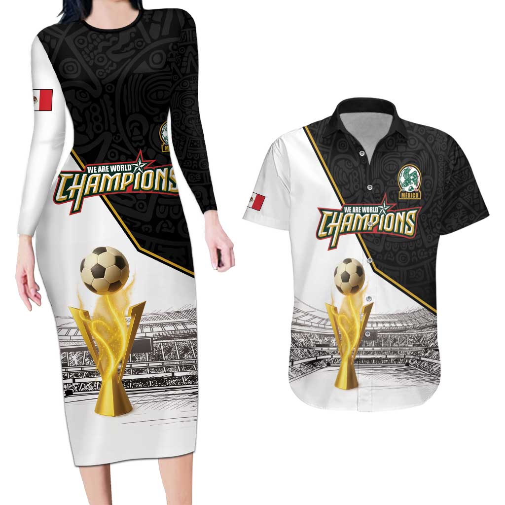 Custom Mexico Football Champion Couples Matching Long Sleeve Bodycon Dress and Hawaiian Shirt Aztec Pattern - Wonder Print Shop
