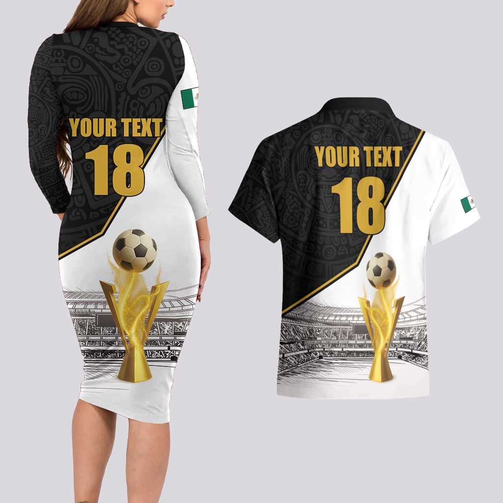 Custom Mexico Football Champion Couples Matching Long Sleeve Bodycon Dress and Hawaiian Shirt Aztec Pattern - Wonder Print Shop
