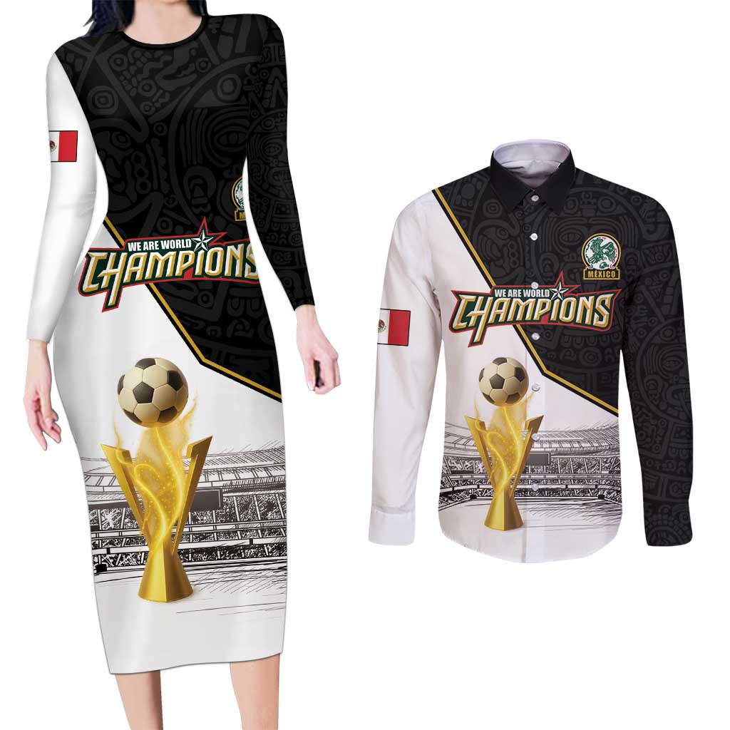 Custom Mexico Football Champion Couples Matching Long Sleeve Bodycon Dress and Long Sleeve Button Shirt Aztec Pattern - Wonder Print Shop