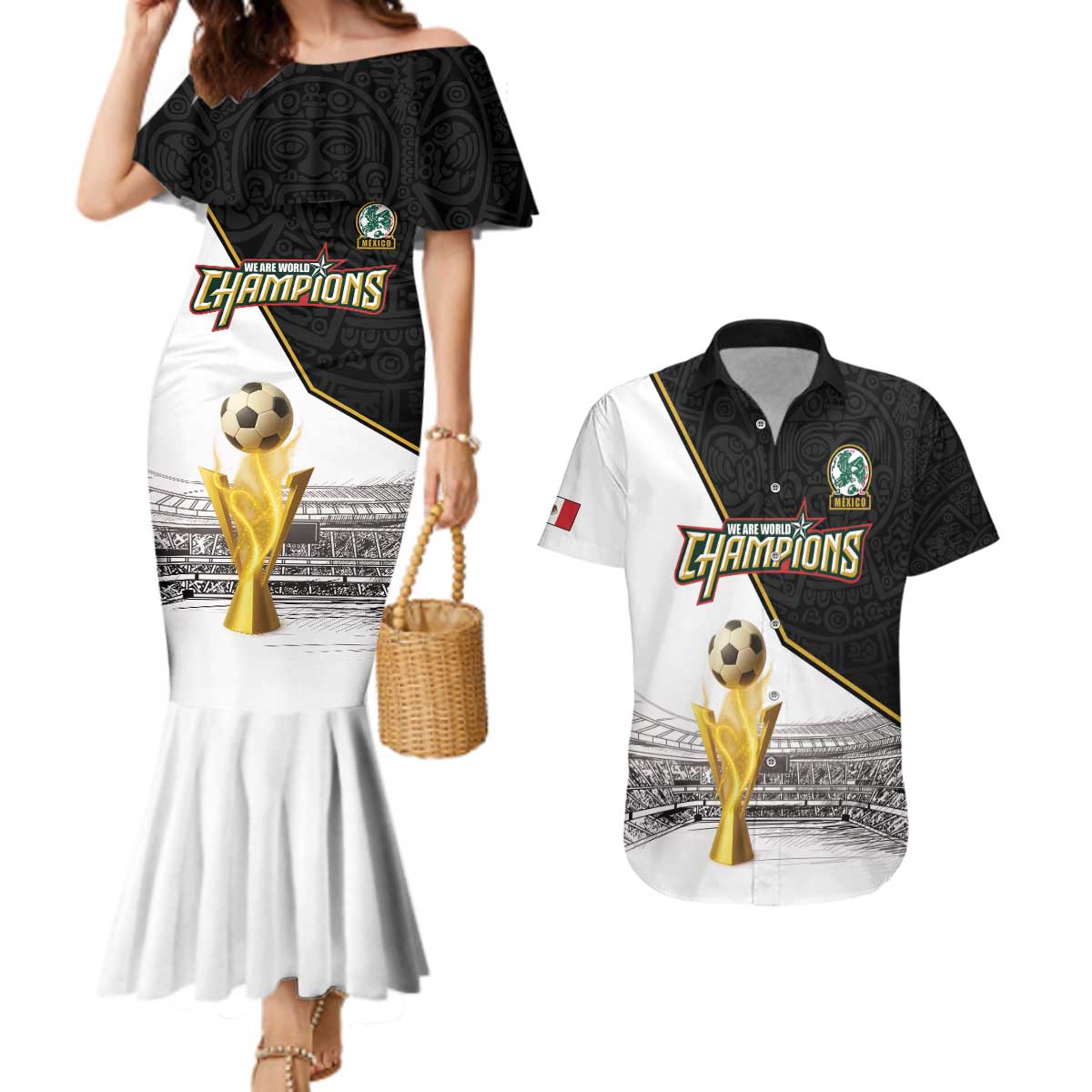 Custom Mexico Football Champion Couples Matching Mermaid Dress and Hawaiian Shirt Aztec Pattern - Wonder Print Shop