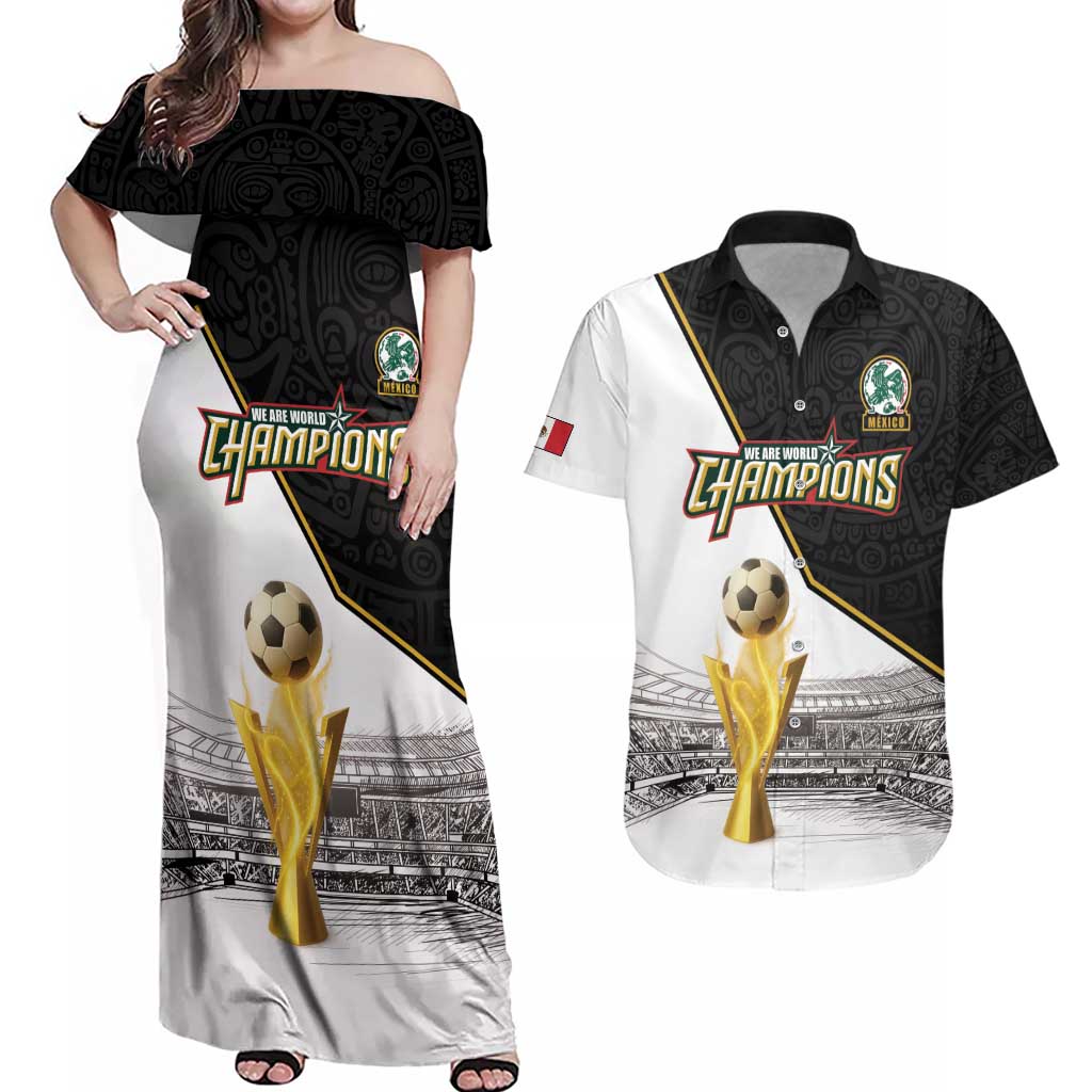 Custom Mexico Football Champion Couples Matching Off Shoulder Maxi Dress and Hawaiian Shirt Aztec Pattern - Wonder Print Shop