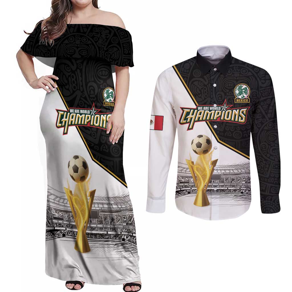 Custom Mexico Football Champion Couples Matching Off Shoulder Maxi Dress and Long Sleeve Button Shirt Aztec Pattern - Wonder Print Shop