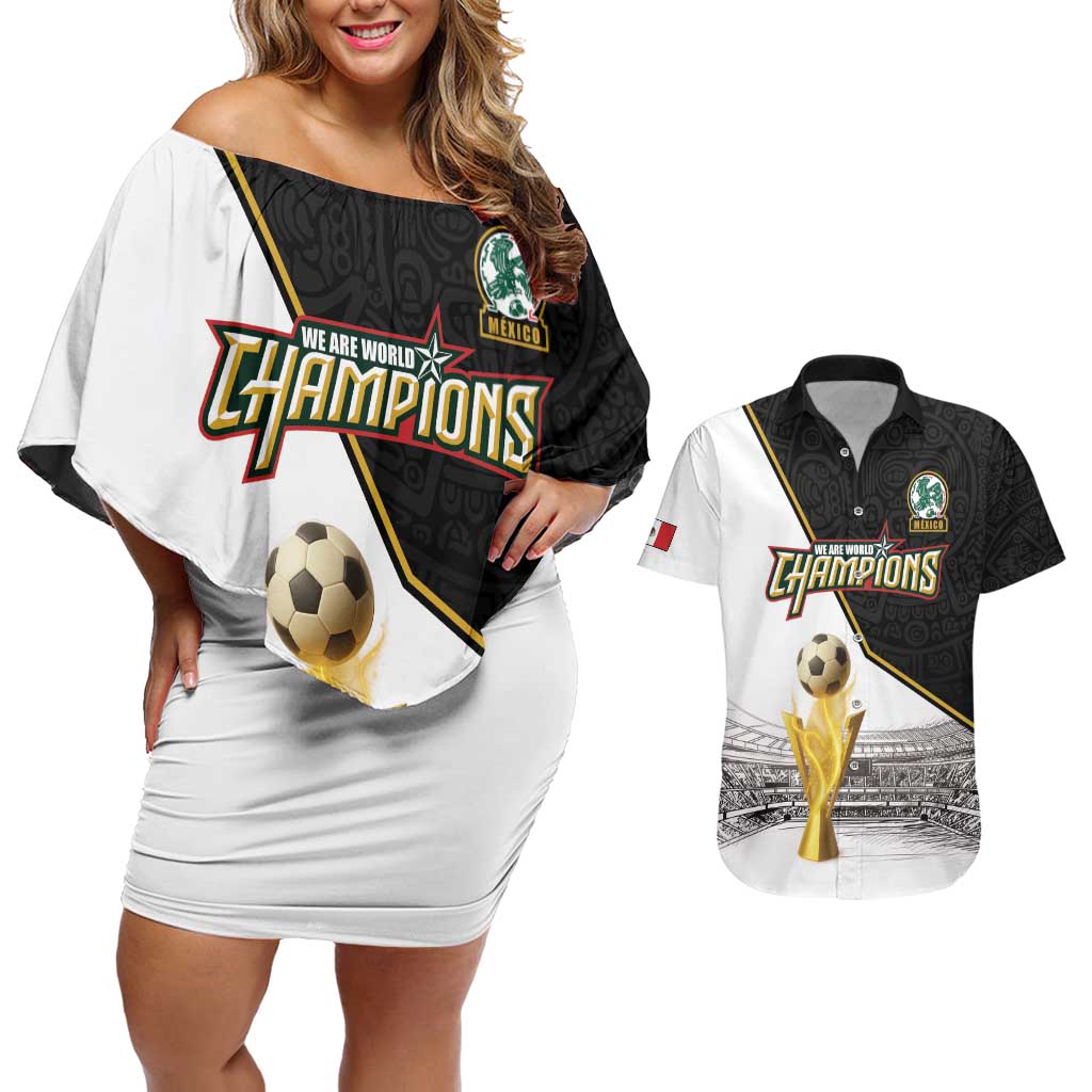 Custom Mexico Football Champion Couples Matching Off Shoulder Short Dress and Hawaiian Shirt Aztec Pattern - Wonder Print Shop