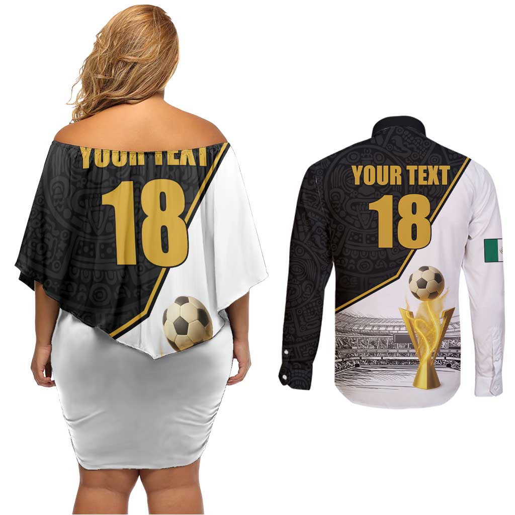 Custom Mexico Football Champion Couples Matching Off Shoulder Short Dress and Long Sleeve Button Shirt Aztec Pattern - Wonder Print Shop