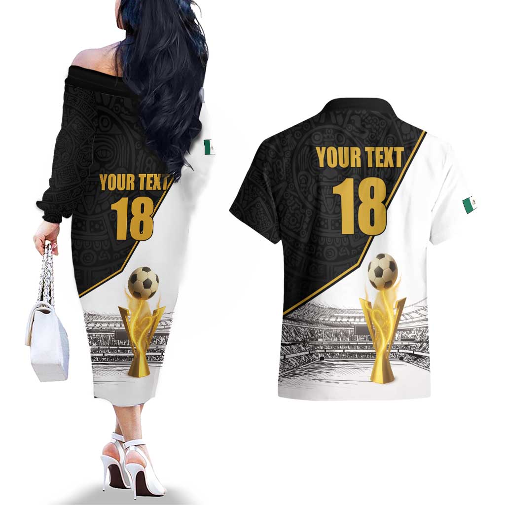 Custom Mexico Football Champion Couples Matching Off The Shoulder Long Sleeve Dress and Hawaiian Shirt Aztec Pattern - Wonder Print Shop