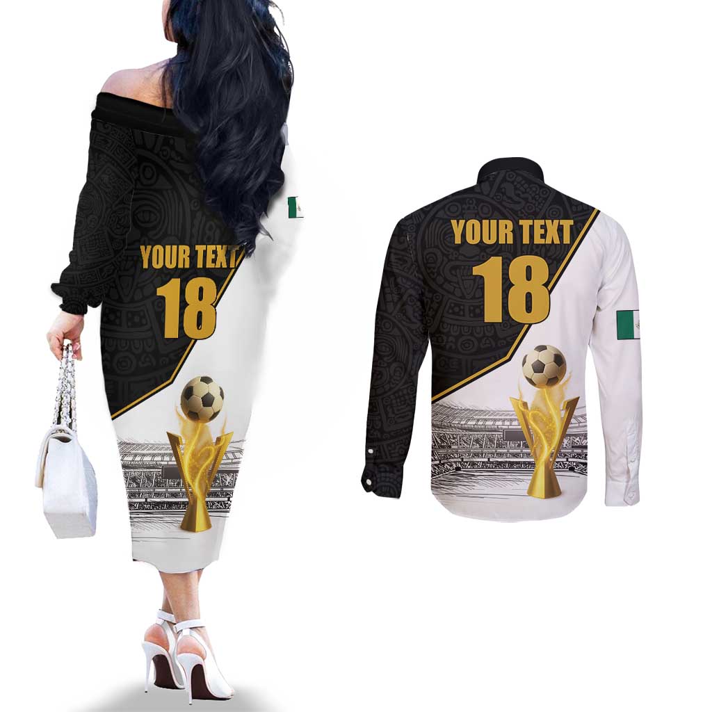 Custom Mexico Football Champion Couples Matching Off The Shoulder Long Sleeve Dress and Long Sleeve Button Shirt Aztec Pattern - Wonder Print Shop
