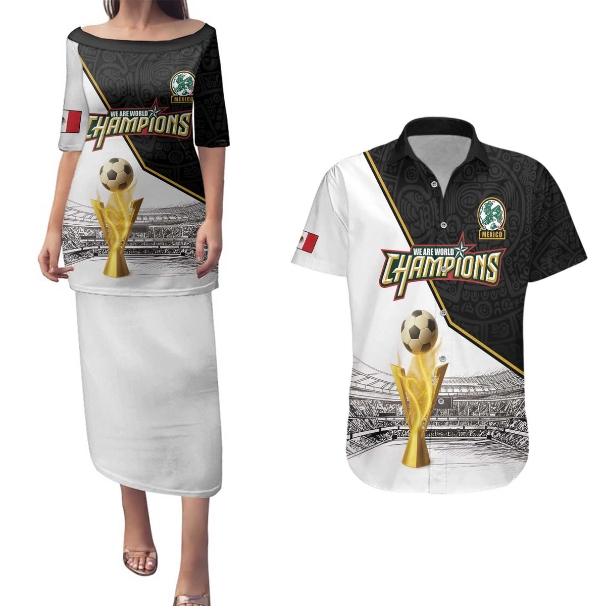 Custom Mexico Football Champion Couples Matching Puletasi and Hawaiian Shirt Aztec Pattern - Wonder Print Shop